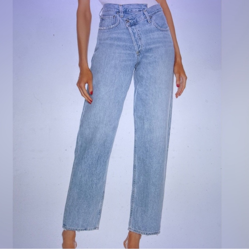 Agolde 27 upside jean asymmetrical button butterfly Classic Blue Women's Jeans